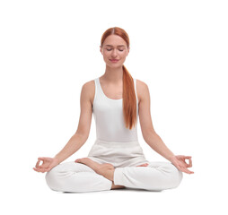 Beautiful young woman practicing yoga on white background. Lotus pose