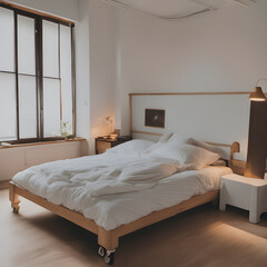 Interior light bedroom home. Decor relax.Bedroom decor, home interior design . Scandinavian Modern style with Bed decorated with Wood and Metal material .