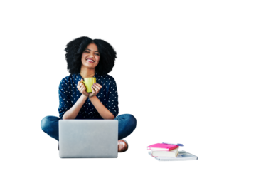 Woman, student and laptop, coffee or planning for online education, university research or inspiration portrait. African person, computer and books for studying isolated on transparent png background