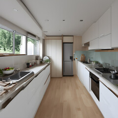 Stylish kitchen interior with morning light in large window. Cozy scandi style kitchen background. 