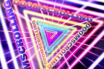 Doomscrolling concept. Words in neon geometric pattern on dark background - obrazy, fototapety, plakaty