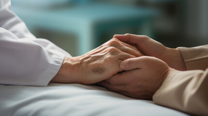 A caregiver's hand holding the hand of a patient in a hospital bed