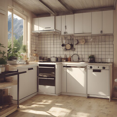 Contemporary wooden dining room and kitchen.Stylish kitchen interior with morning light in large window. Cozy scandi style kitchen background. 