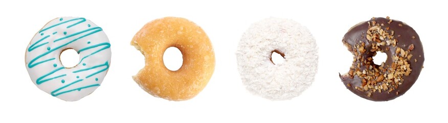 Whole and bitten tasty donuts with sprinkles isolated on white