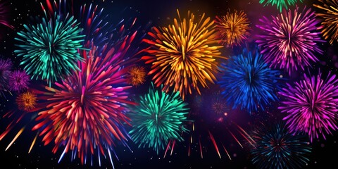 illustration of exploding colorful firework, dark background, banner