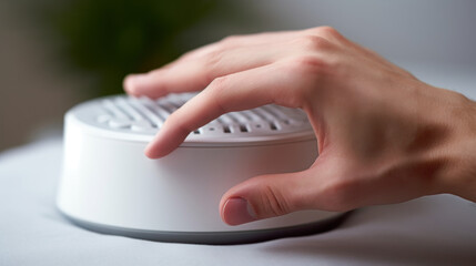 Fingers adjusting the settings on a white noise machine close up