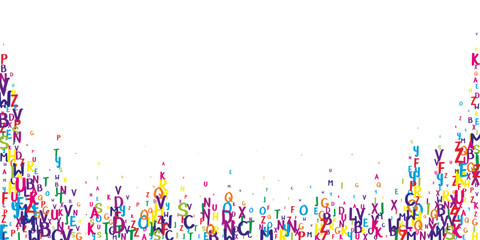 Scattered letters of latin alphabet. Colorful childish floating characters of English language. Foreign languages study concept. Back to school banner on white background.