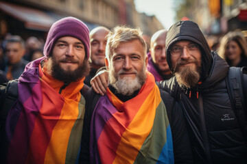 Mature lesbian and gay men and women holding lgbt flag at demonstration