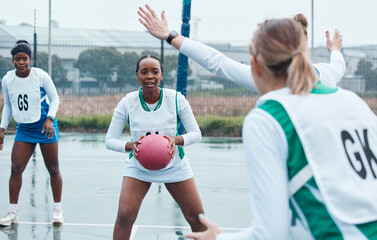 Netball, sports and team with ball and women in community competition, practice and play outdoor...