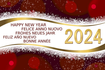 Greeting card with text happy new year 2024 in different languages - obrazy, fototapety, plakaty