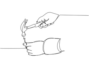 Construction worker hammering nails one line art. Continuous line drawing of repair, professional, hand, people, concept, support, maintenance.