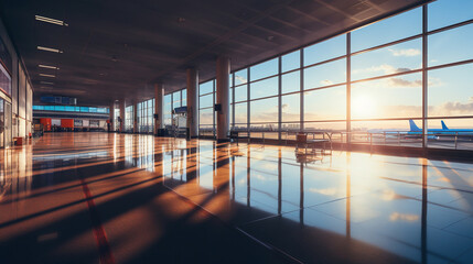 Empty waiting area in modern international airport terminal with planes view. Air freight background - obrazy, fototapety, plakaty