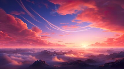 realistic beautiful sunset sky with lovely pink tones and swirly dreamy clouds, glowing hues Illustration artwork