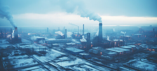 Factory chimneys blow pollution into environment. powerful industrial complex, chimney chemical plant in the discharge of pollutants, Industrial air pollution fromsmoke smogstacks, Extreme weather - obrazy, fototapety, plakaty