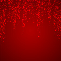 Falling snowflakes christmas background. Subtle flying snow flakes and stars on christmas red background. Beautifully falling snowflakes overlay. Square vector illustration.