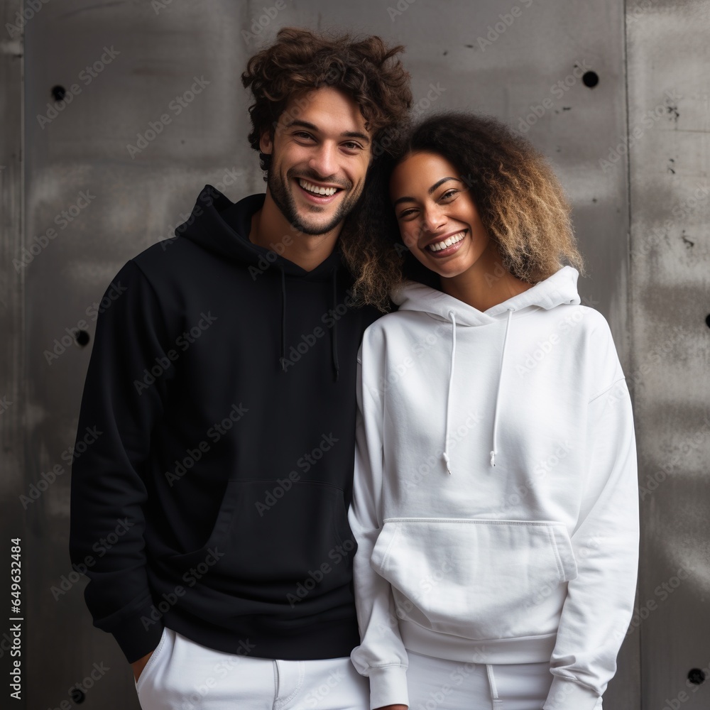Wall mural Illustration of a fashioncouple  portrait with plain hoodie mockup, AI Generated - Wall murals