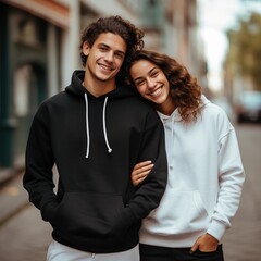 Fototapeta premium Illustration of a fashioncouple portrait with plain hoodie mockup, AI Generated