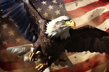 American eagle on the background of the American flag. 3d rendering, American Bald Eagle flying, symbol of america with flag, AI Generated