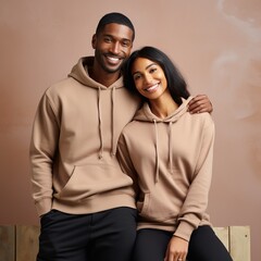 Fototapeta premium Illustration of a fashioncouple portrait with plain hoodie mockup, AI Generated