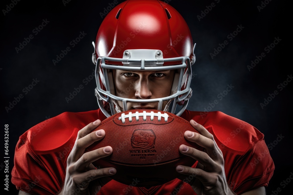 Wall mural American football player in red uniform holding ball. Studio shot over black background. American football player in helmet holding a rugby ball, AI Generated - Wall murals