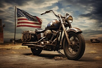 Old chopper motorcycle with american flag on the background at sunset, American motorcycles on the...
