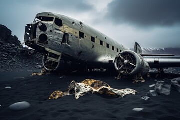 Old military airplane wreck on the black sand beach. 3d rendering, An abandoned airplane rests solemnly on a desolate black sand beach, AI Generated