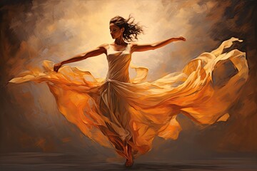 3d illustration of a beautiful woman dancing in a silk dress. an action flying dance pose of a woman dancing ballet, oil painting style, AI Generated - obrazy, fototapety, plakaty