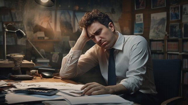 Everyday Office Pressure A Stressed Employee at Work. Relatable Image for Work and Corporate Life
