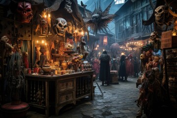 Fototapeta na wymiar Traditional carnival masks in the old town of Rouen in Normandy, France, 3D Halloween costume shop, grotesque creatures that blend seamlessly with their costumes, AI Generated