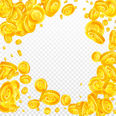 European Union Euro coins falling. Scattered gold EUR coins. Europe money. Great business success concept. Square vector illustration.