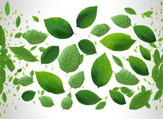 Obraz premium Flying realistic green leaves flowting isolate on white background. with copy space. AI Generated.