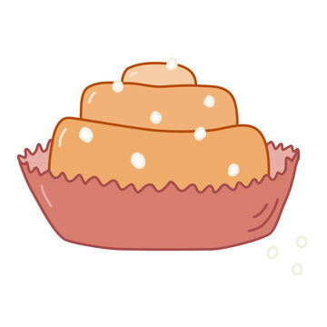 Delicious cinnamon bun sprinkled with sugar in backing paper cup, vector