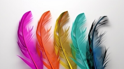 multi-colored feathers on a light background. Generative AI