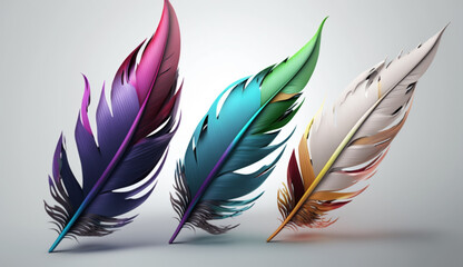 multi-colored feathers on a light background. Generative AI