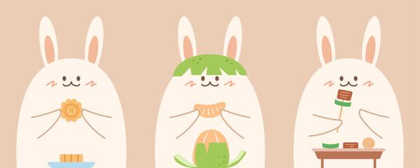 Set of Mid-Autumn Festival bunny with mooncake,pomelo,BBQ