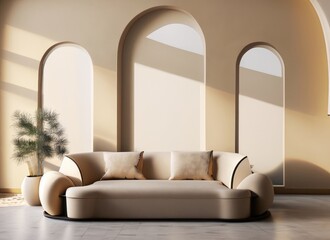 Minimalist home interior design of modern living room. Curved sofa against arched window. AI Generated.