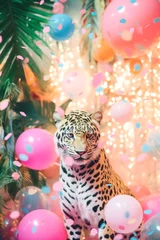Foto op Plexiglas A majestic leopard surrounded by a flurry of colorful pastel balloons and confetti celebrates a joyous birthday, christmas, or new year's, inviting everyone to join in the joyful celebration of life © Glittering Humanity