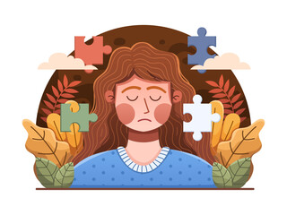 Vector illustration Woman amidst puzzle pieces symbolizes anxiety's complexity. Encouraging mental health awareness and support for anxiety relief.
Suitable for infographic, social media, web, etc