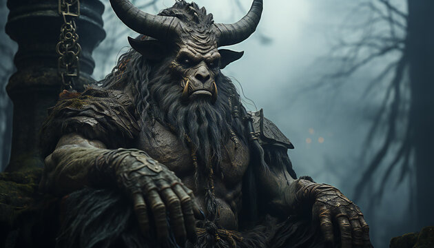 Recreation of the minotaur, legendary creature of the Greek mythology. Illustration AI