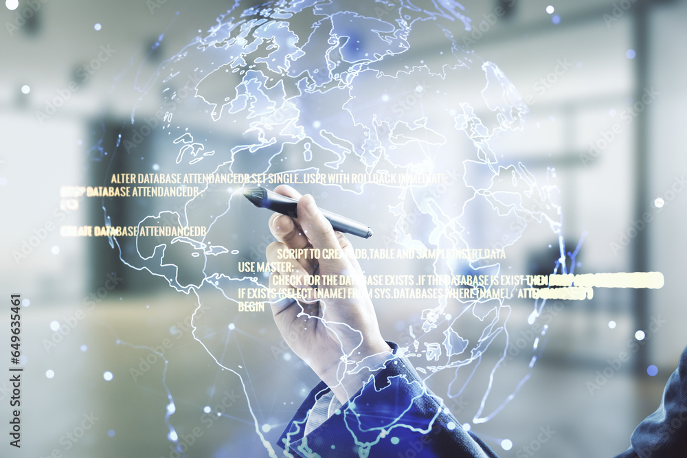 Poster man hand with pen working with abstract virtual coding concept and world map on blurred office backg