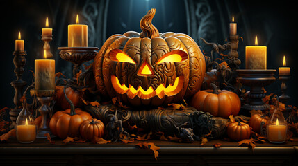 Halloween orange theme product display podium illustration Jack O Lantern pumpkin and candle light