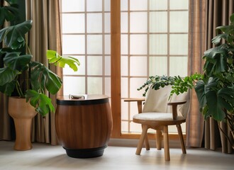 chair and round wooden coffee table against window near paneling wall. AI Generated.
