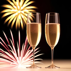 Two glasses with champagne on many beautiful colorful fireworks in night sky background, Merry Christmas and Happy New Year, Generative AI