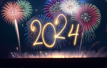 2024 Merry Christmas and Happy New Year, Many beautiful colorful fireworks in night sky, Generative AI