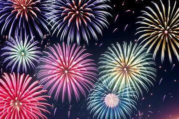 Many beautiful colorful fireworks in night sky, Generative AI