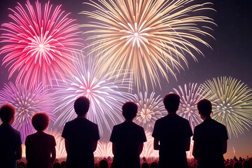 Crowd silhouette of people watching many fireworks and celebrating in night sky, Generative AI