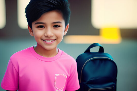 Fototapeta teenager latino boy with school backpack, happy young hispanic boy ready for school, portrait, Generative AI