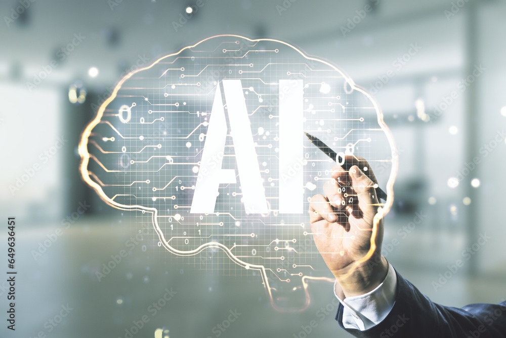 Poster double exposure of man hand with pen working with creative human brain microcircuit hologram on blur