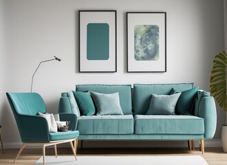 Teal sofa and armchair against white wall with three art posters. Scandinavian style . AI Generated.
