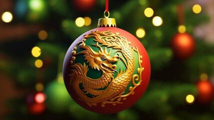 Festive decorative Christmas tree ball with the image of a golden oriental dragon